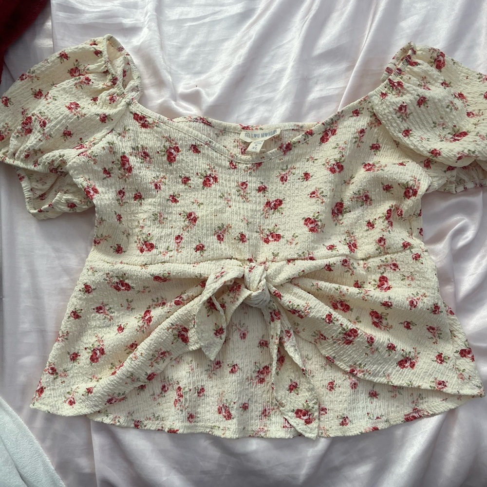 See You Monday Cream Blouse with Red Floral Print